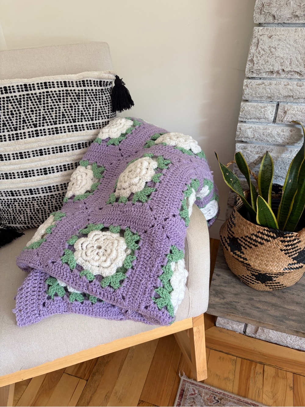 Handmade Lavender Crochet Throw Blanket with White Floral Squares